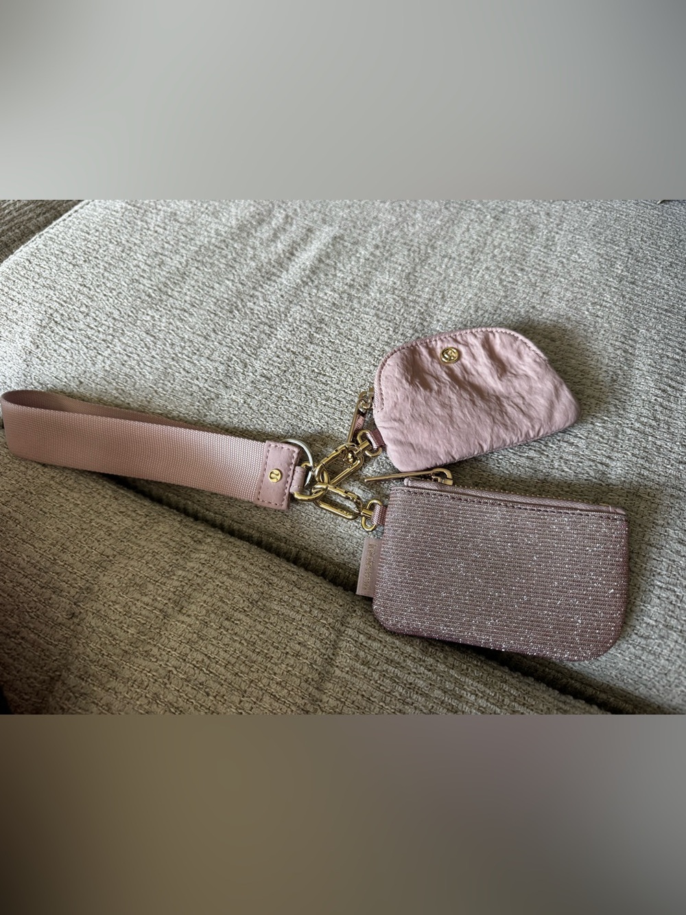 Lululemon pink champagne glitter dual pouch keychain
